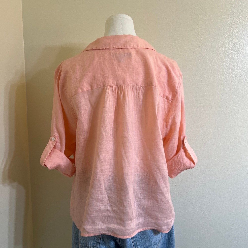 INC International Concepts Peach Pink 100% Linen Twist Front Roll Tab Blouse L - Picture 6 of 6